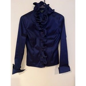 Samuel Dong Navy Taffeta Blouse Ruffled Buttoned Long Sleeve French Cuff Top S